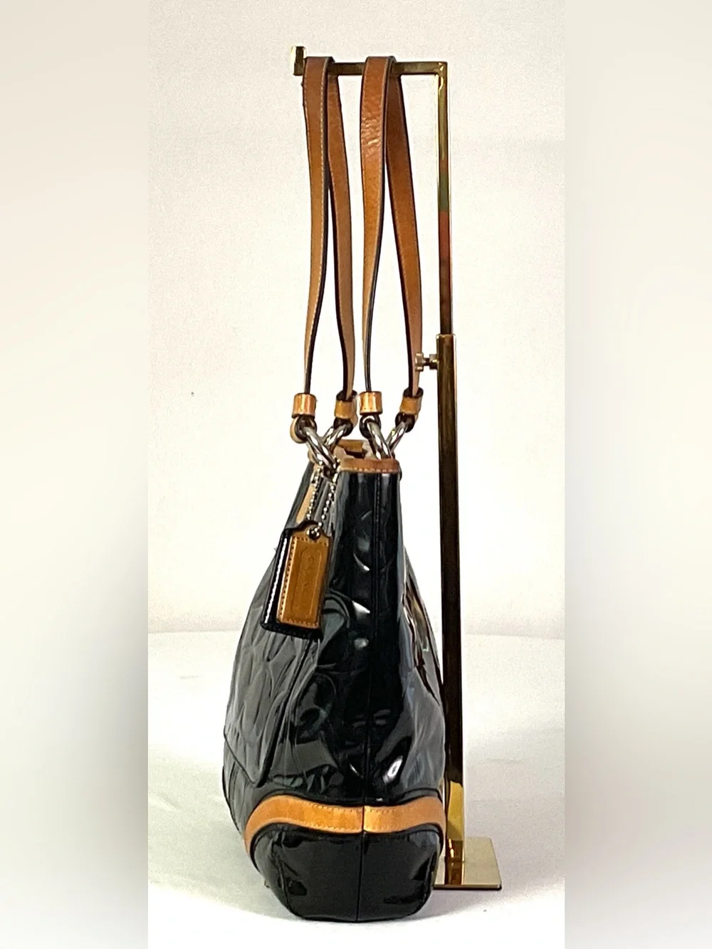 Coach -F22322-PEYTON-embossed, patent leather, tan leather trim, medium tote